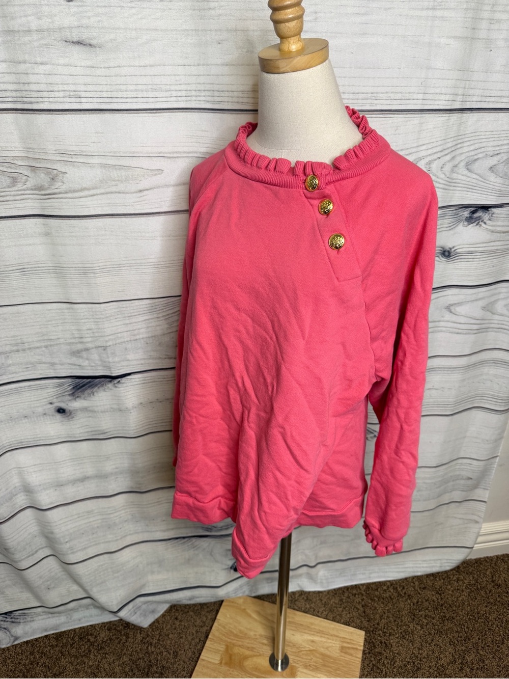 Talbots Pink Ruffle-Neck Pullover with Gold Buttons